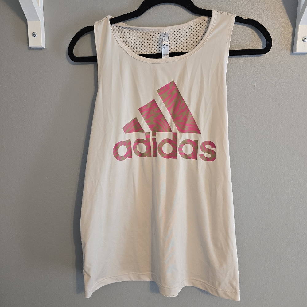 Adidas Beige Tank Top with Pink Graphic